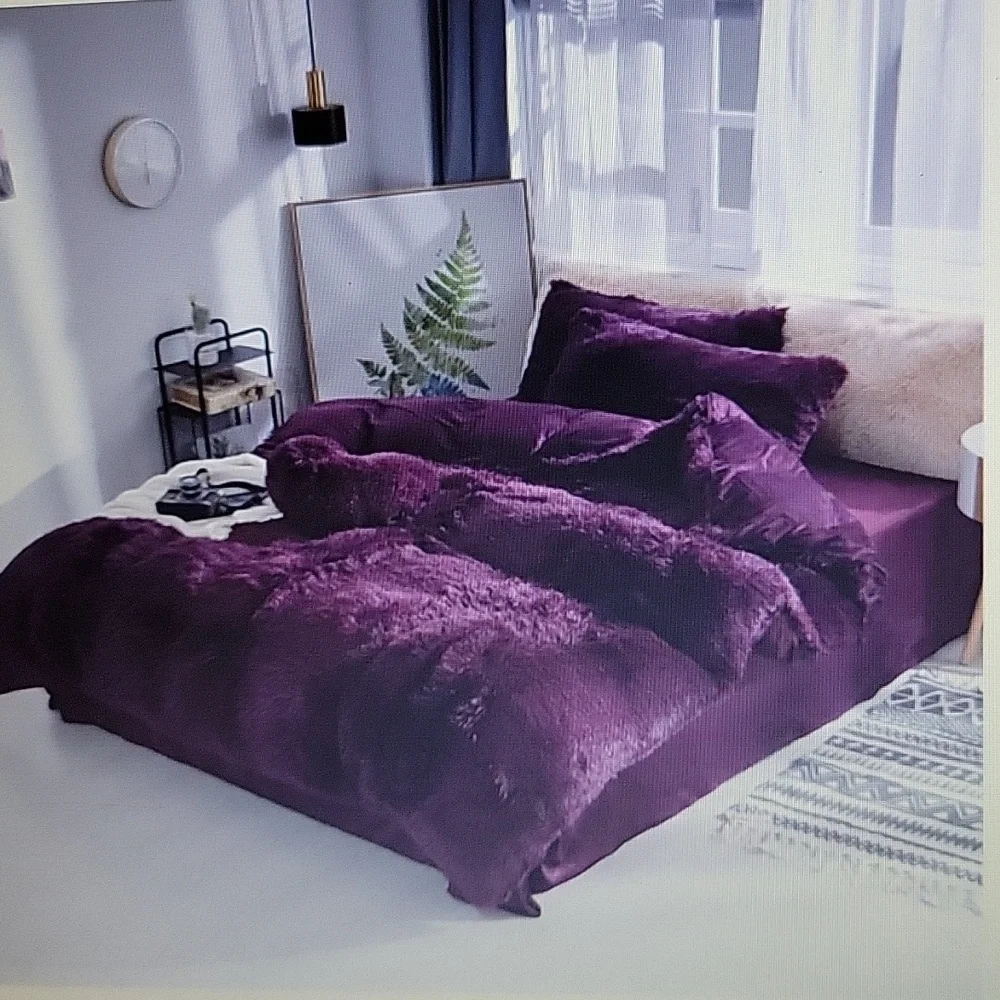 Soukach Shaggy Fluffy Faux Fur Luxury Queen 3pc Duvet Cover set Plum Purple New